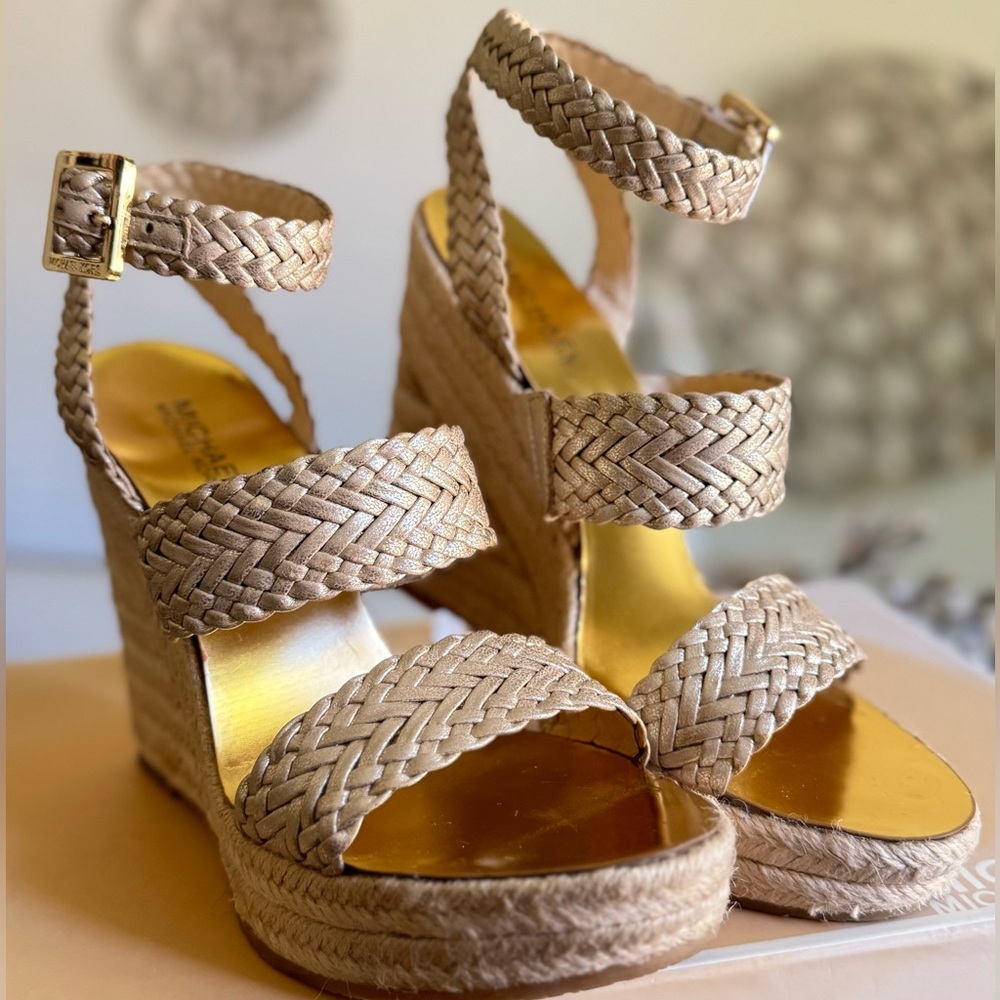 Michael Kors Women’s Metallic Juniper Espadrille Gold Wedge Sandals - Size 8.5